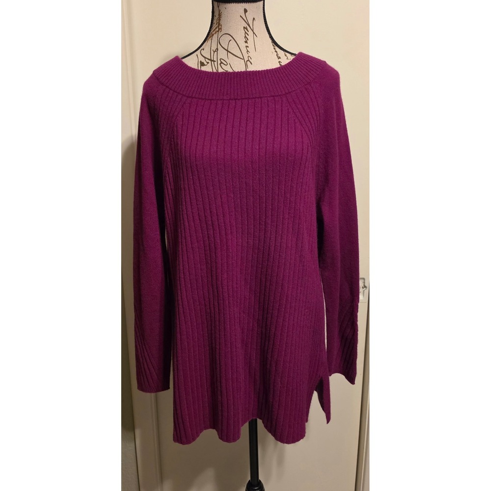 Soft Surroundings Magenta 100% Cashmere Ribbed Boat Neck Tunic Sweater Large